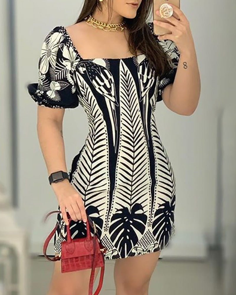 LZR6390 Women's Color Block Plant Print Dress