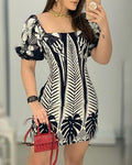 LZR6390 Women's Color Block Plant Print Dress