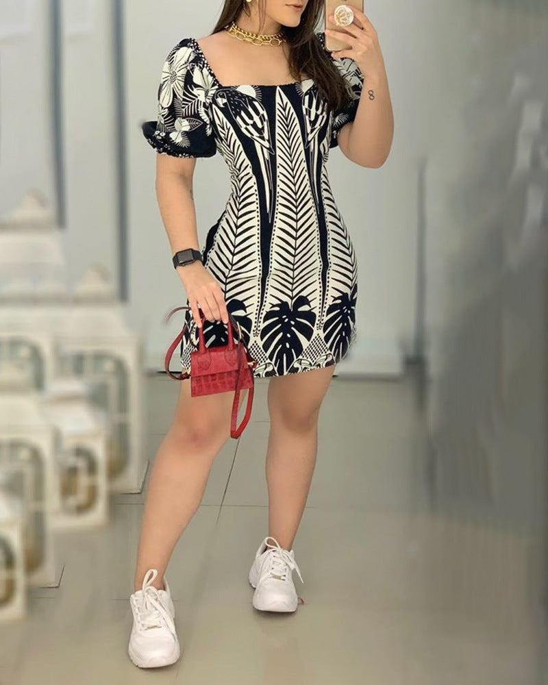 LZR6390 Women's Color Block Plant Print Dress