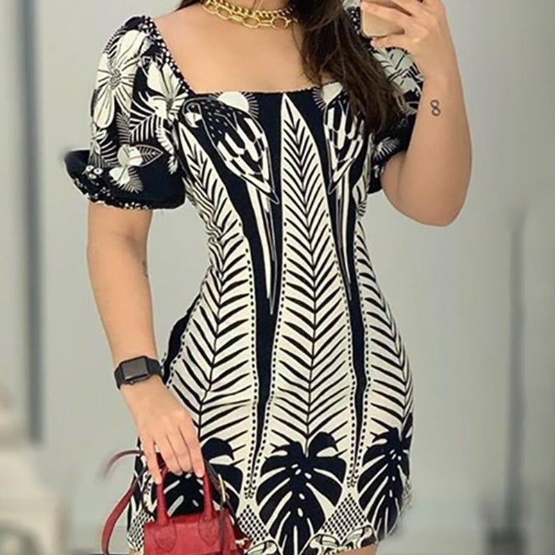 LZR6390 Women's Color Block Plant Print Dress
