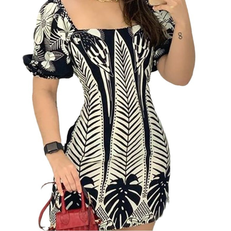LZR6390 Women's Color Block Plant Print Dress